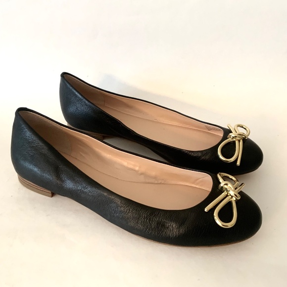 BANANA REPUBLIC BLACK LEATHER BALLET FLATS WITH METAL GOLD BOW Dress Shoes 8 - Picture 5 of 13